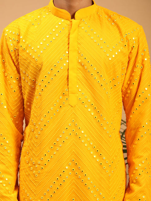 Vastramay Baap Beta Yellow Mirror Kurta Pyjama Set